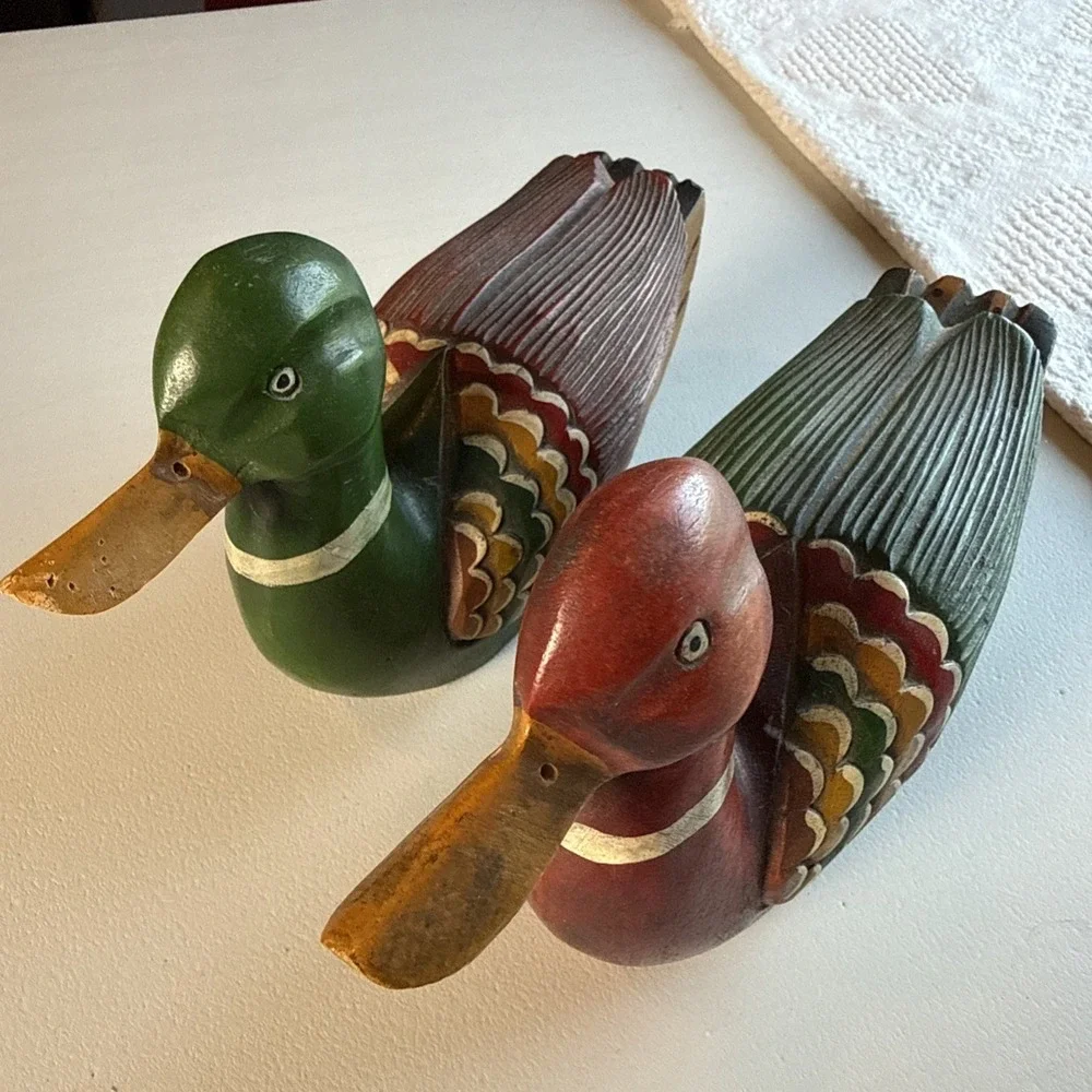 Vintage Decorative Wooden Duck Decoys. Mallard, Wood Duck Set of 2